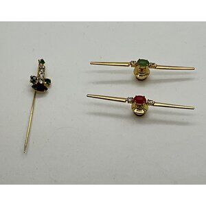 Vintage Tie Tac Bar Art Deco Gold Tone Orange Red Green & Christmas Stick Pin